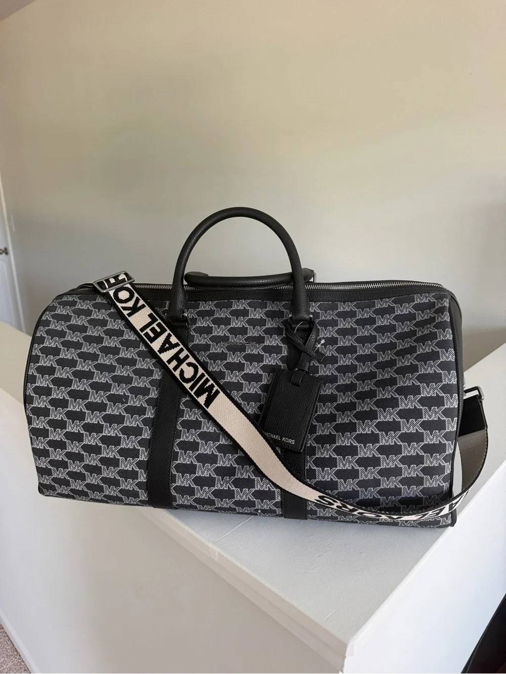 Michael Kors Gray & Black MK Logo Duffel Bag with Branded Strap